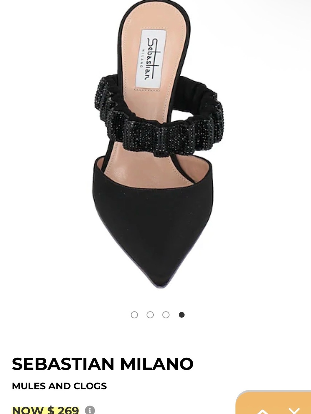 Sebastian Milano Black Pointed Toe Mule with Beaded Elastic Strap